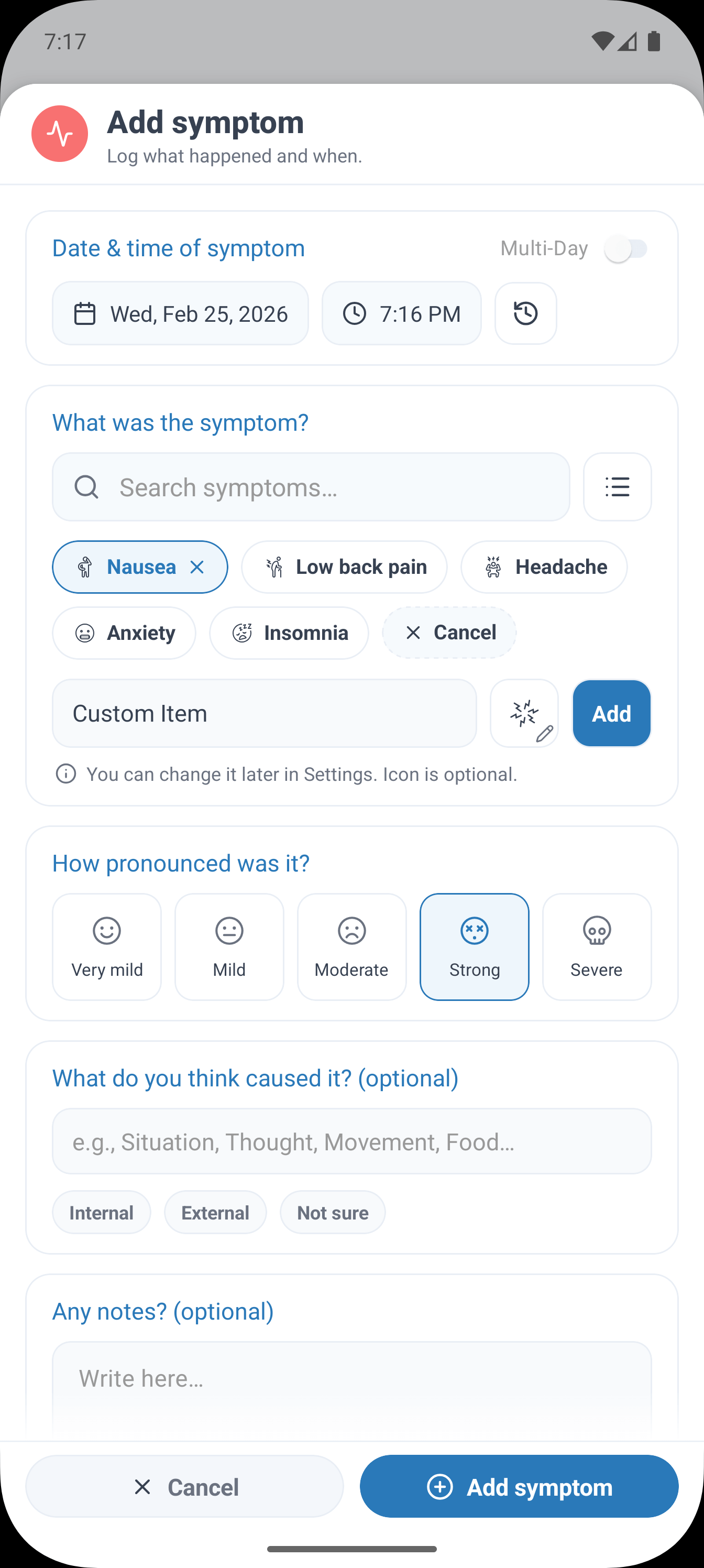 Choose from built-in categories or create your own for symptoms, activities, events, nutrition, and vitals.